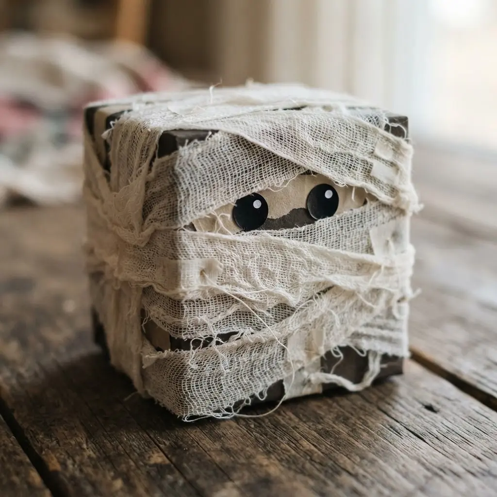 A white paper box completely wrapped in off-white gauze strips, with two googly eyes peeking through.