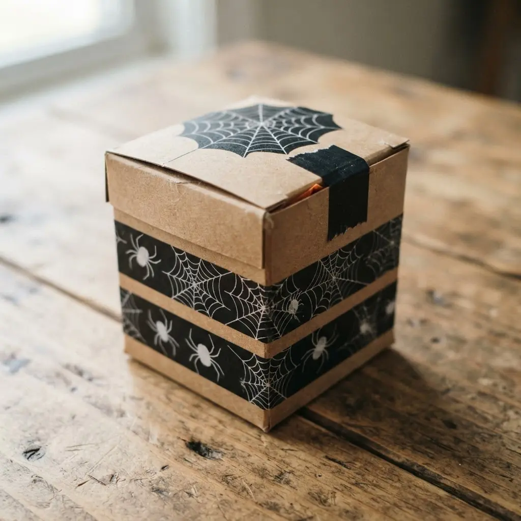 A rectangular kraft paper box adorned with delicate black spiderweb patterned washi tape on its lid and sides.