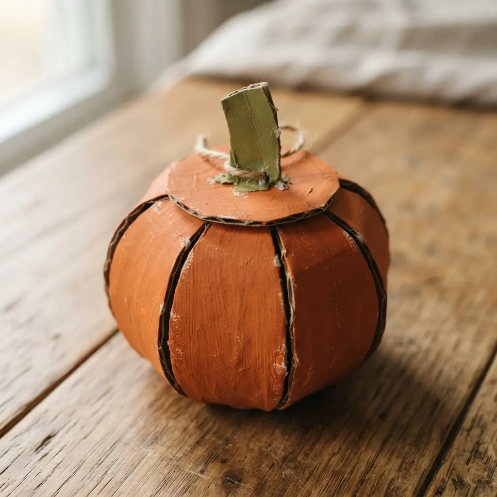 A three-dimensional pumpkin-shaped box constructed from orange cardstock with a green paper stem as a lid.