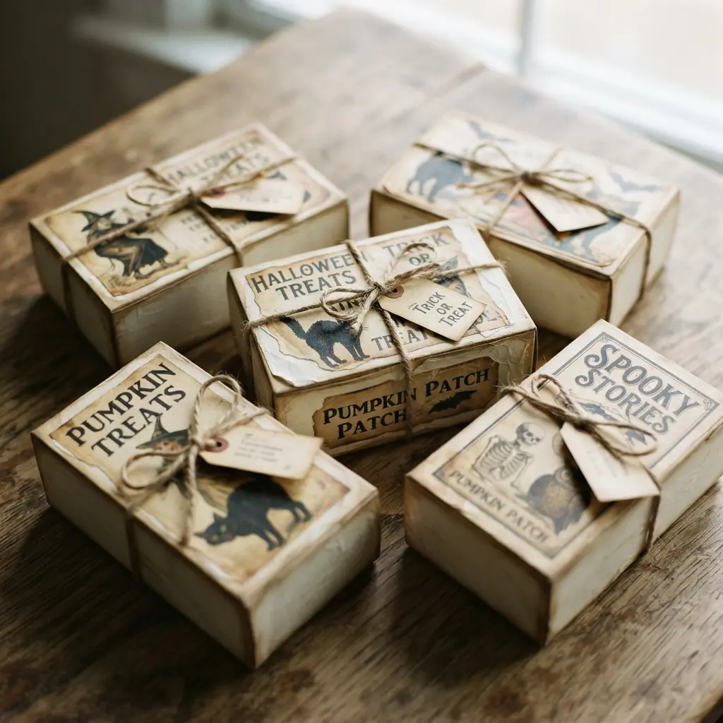 A white gift box covered in decoupage featuring vintage-style illustrations of black cats and crescent moons.