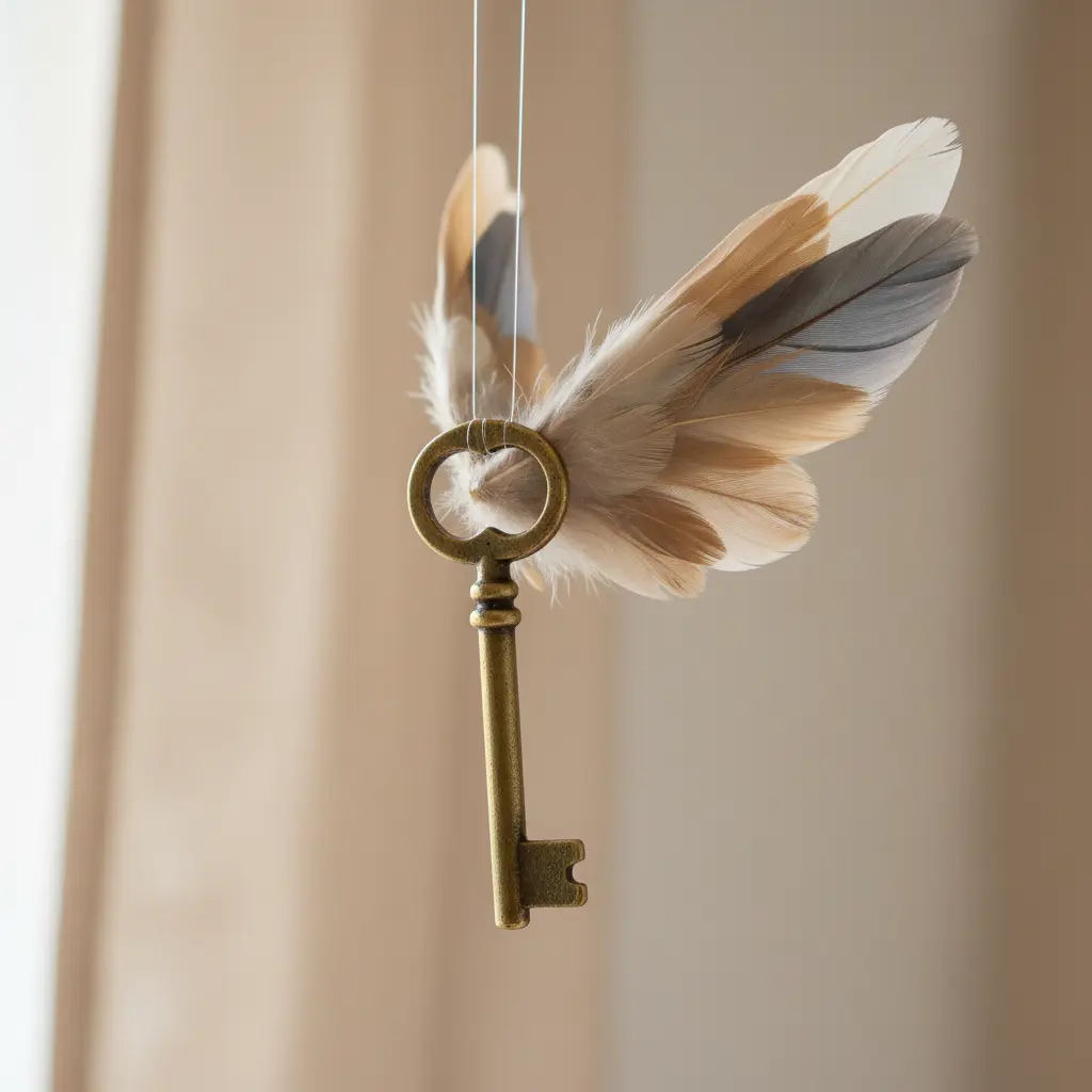 A vintage brass key with layered goose feather wings, suspended from a transparent thread against a dimly lit background.