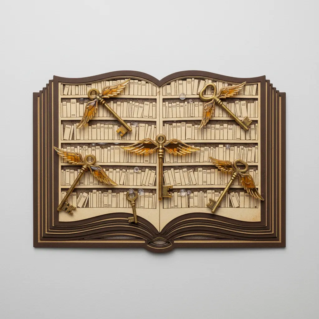A large wall mural of dark academia library shelves with flying keys suspended in front, creating a 3D effect.