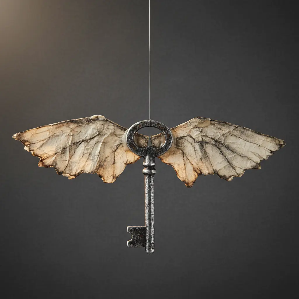 A distressed silver key with parchment-style wings, hanging from a single thread, with soft shadows on the wall.
