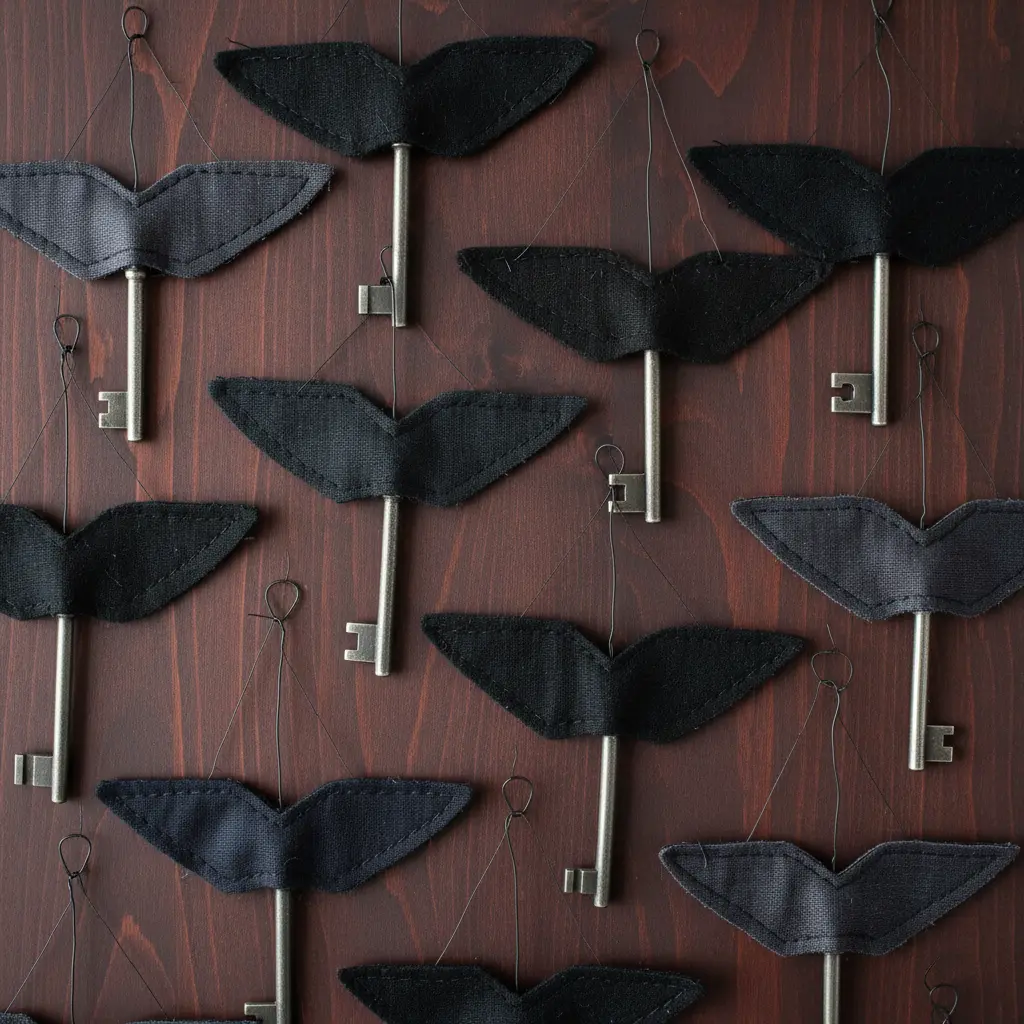 A gothic shadow box containing multiple floating keys with dark feather wings, arranged at different depths.