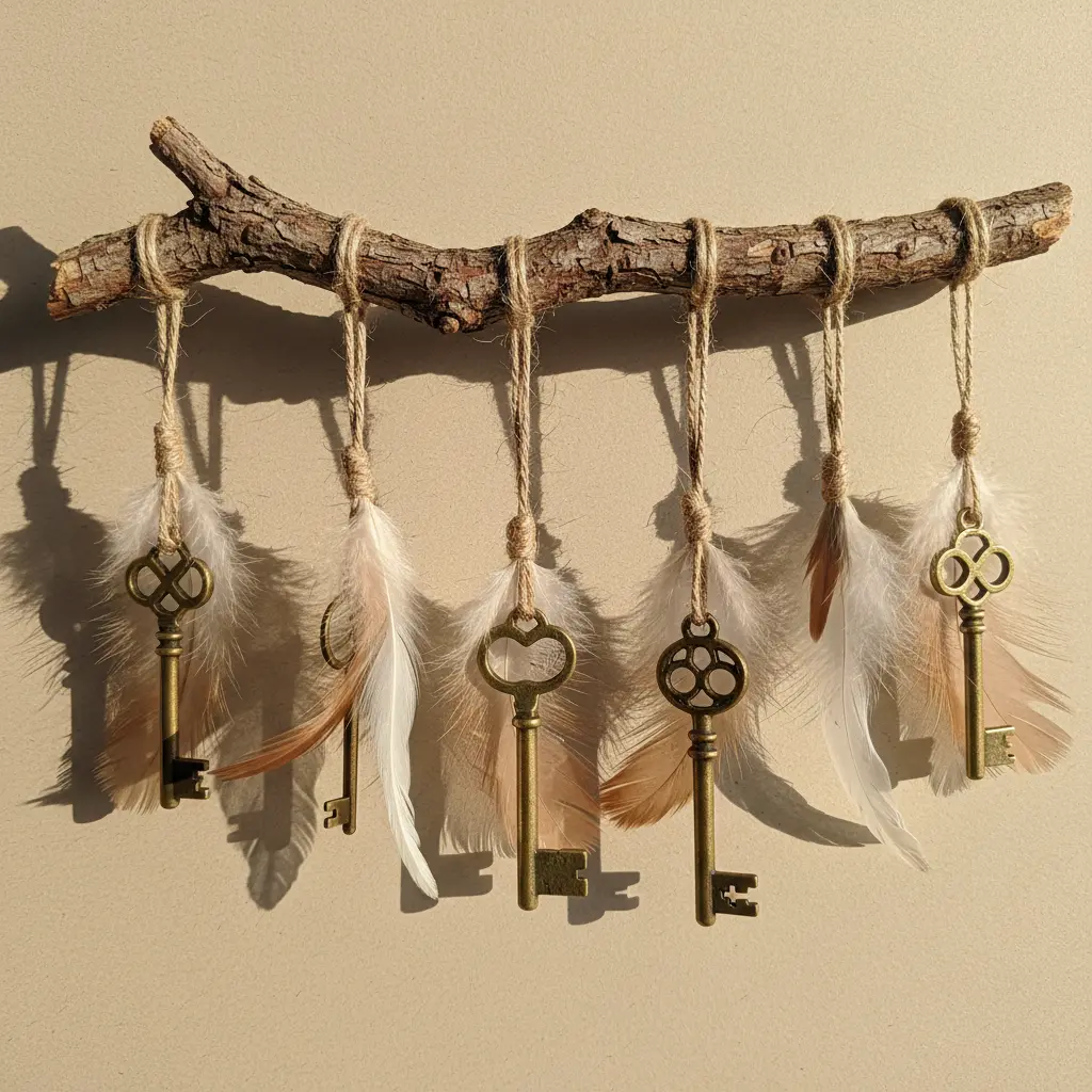 A mobile made from a rustic twig branch, with several brass keys and feather wings dangling at varied heights.