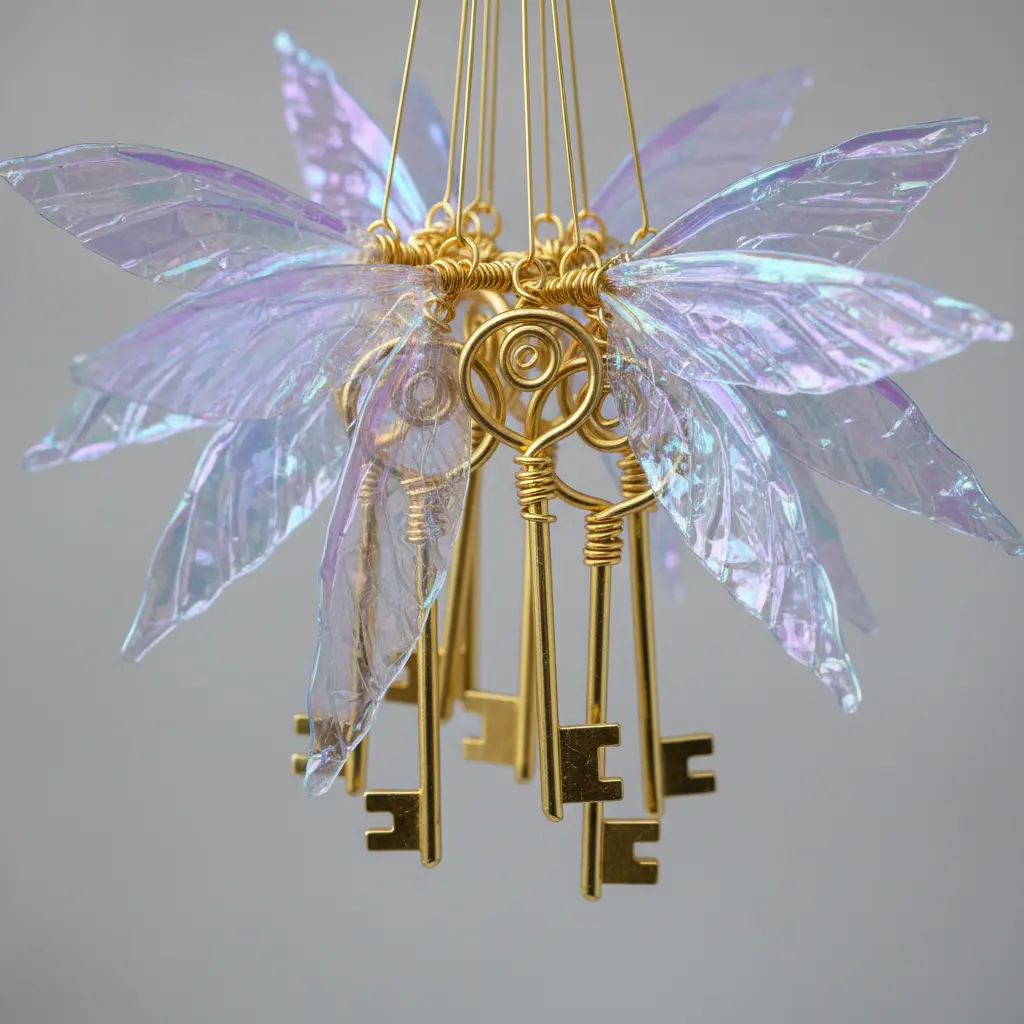 Gold filigree keys with iridescent, shimmering wings, hung in a cluster with a soft light source.