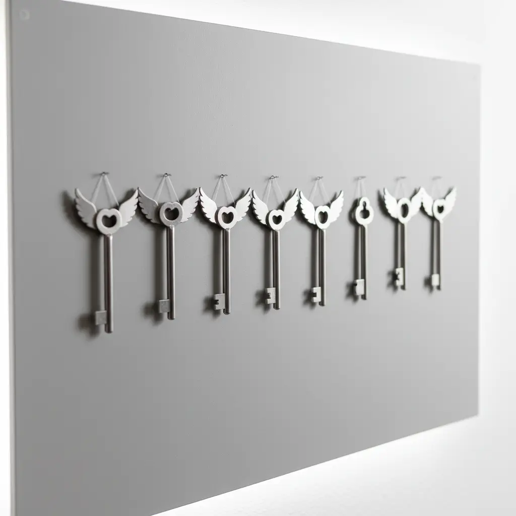 A minimalist white wall with several simple metal keys and white feather wings, arranged in a clean, linear pattern.