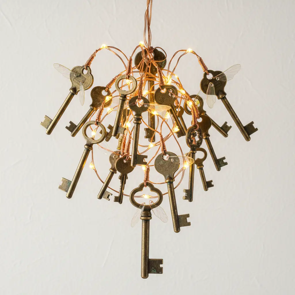 A cluster of keys with feather wings suspended from the ceiling, accented with warm fairy lights intertwined.