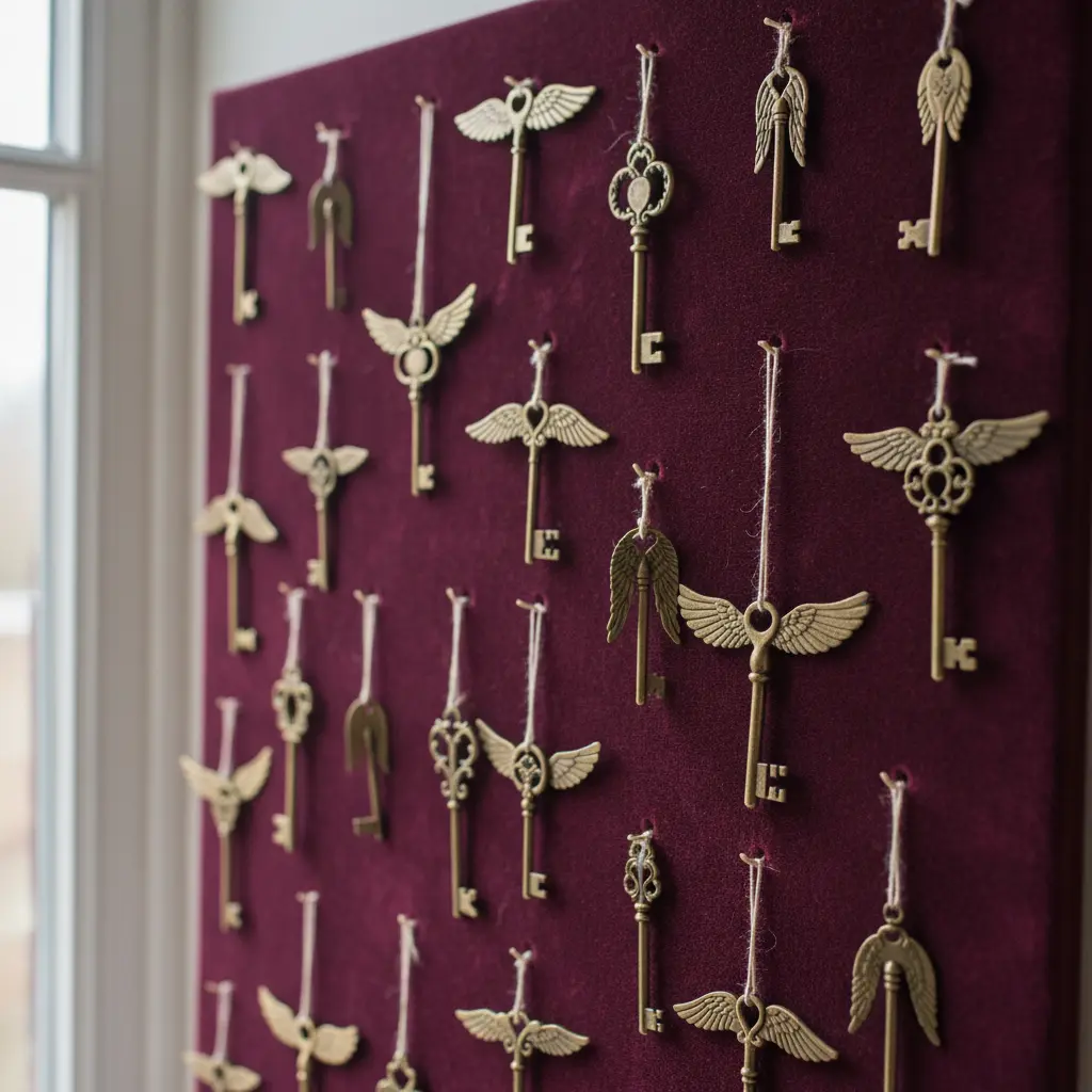A Victorian-style ornate frame mounted on a wall, with several flying keys with parchment wings arranged inside.