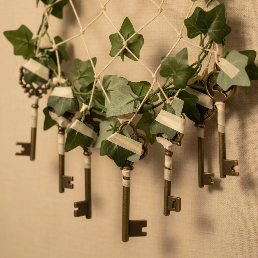 A hanging display of keys with faux ivy wrapped around them, suspended from a rod with feathers.