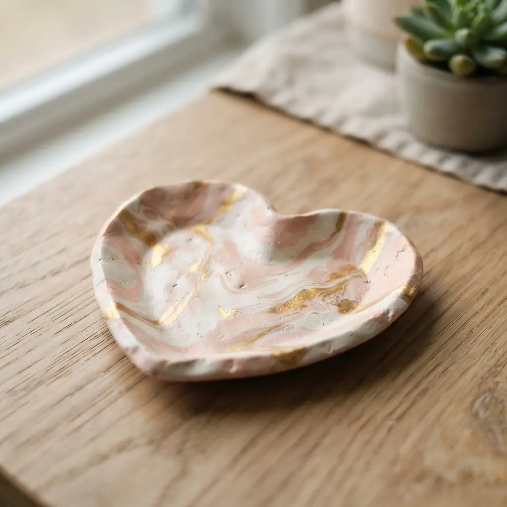 A polished marbled clay heart ring dish with swirls of pale pink and white, accented by subtle gold veins.