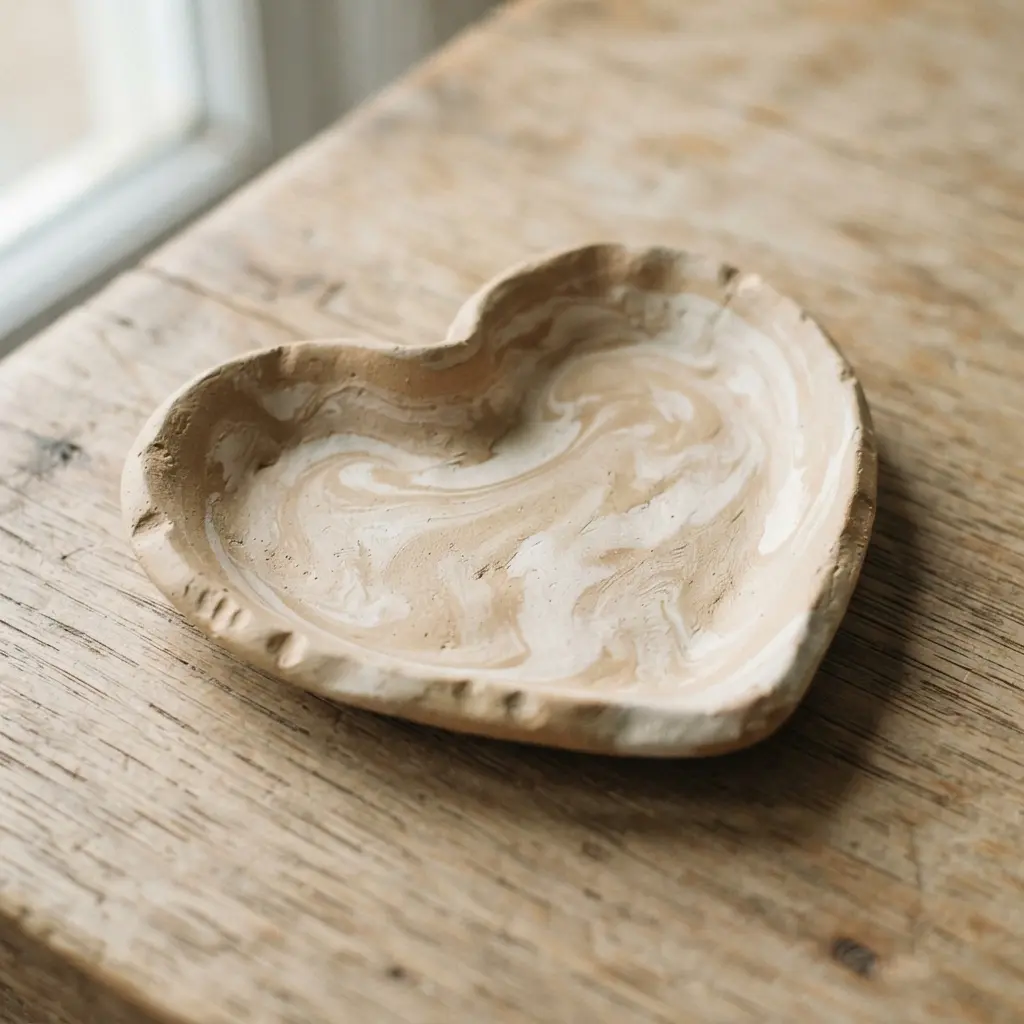 A matte-finished heart dish in neutral sand and beige tones with a subtle, organic marbled texture.
