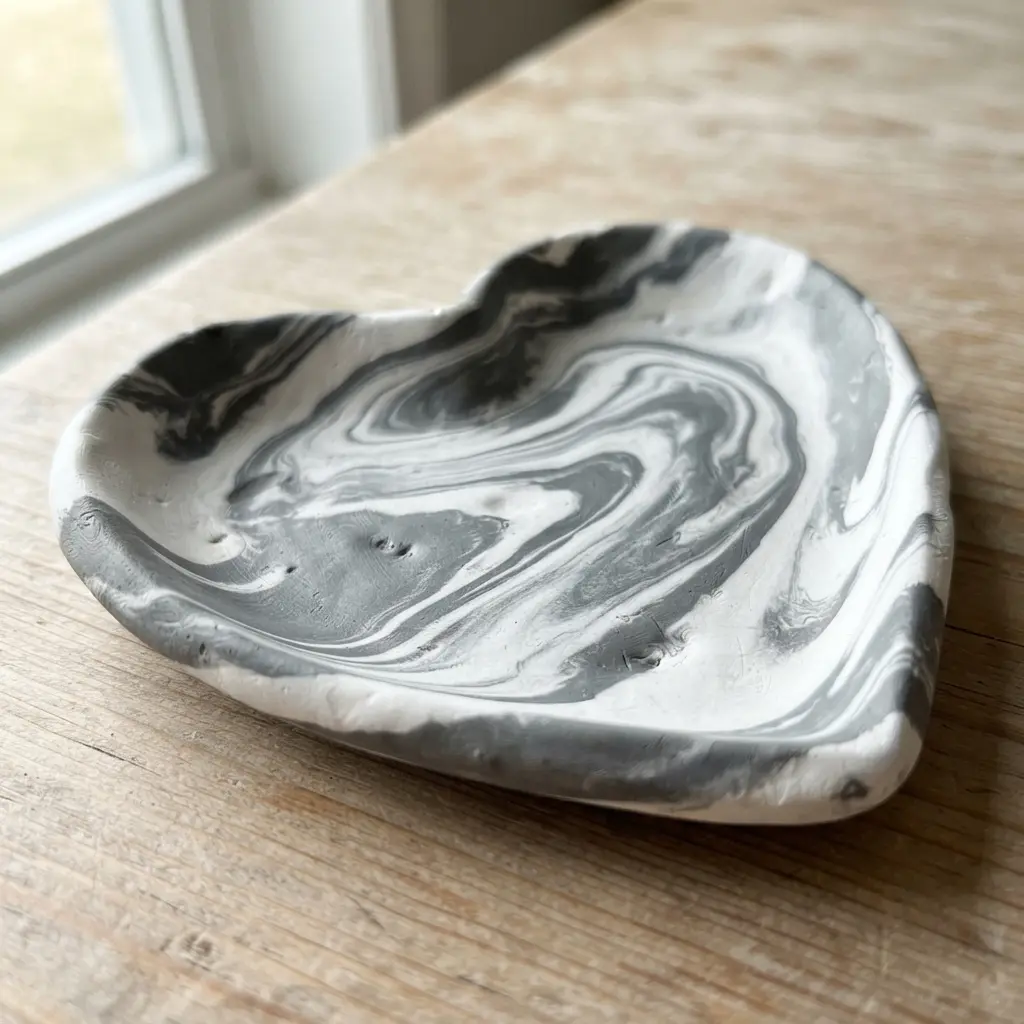 A sleek, shallow heart-shaped dish with a distinct marbled pattern of charcoal grey and pure white clay.