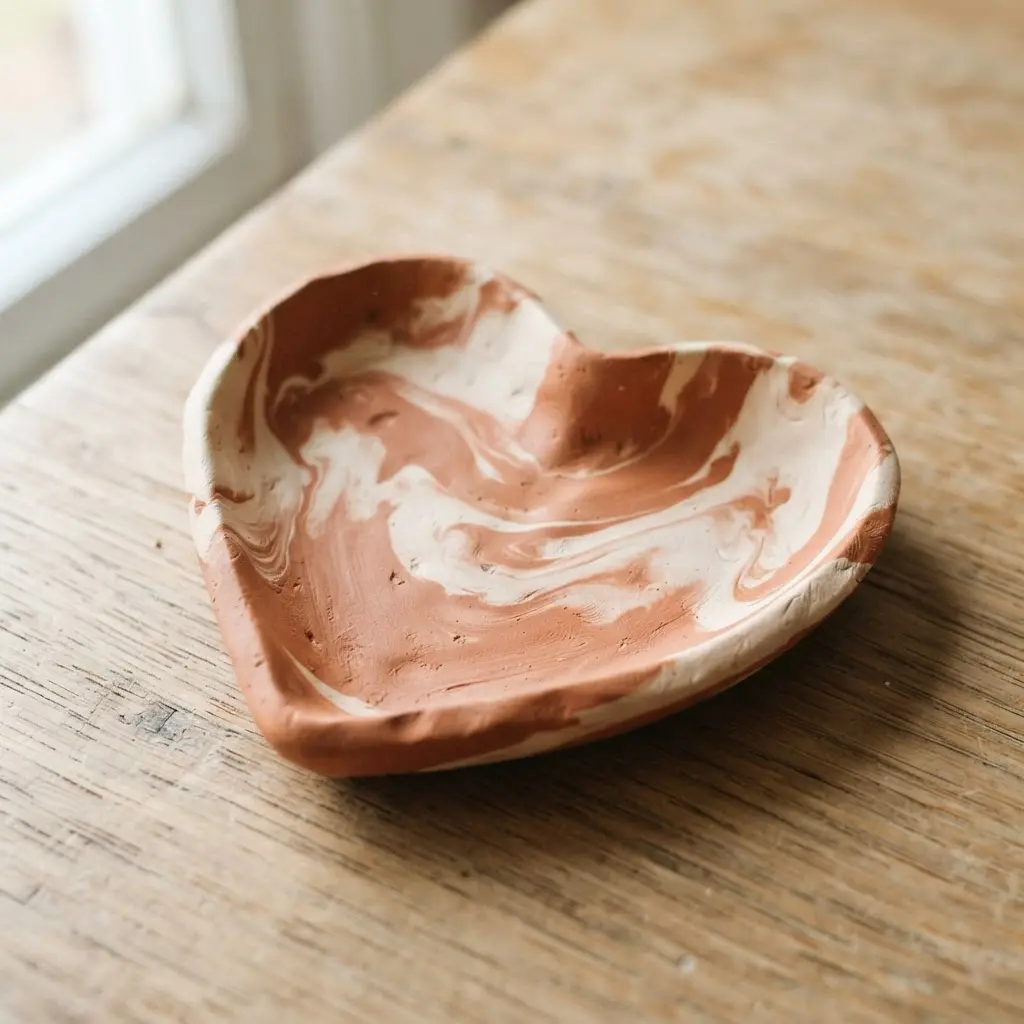 A warm-toned heart dish featuring organic marbled swirls of rich terracotta and soft cream clay.