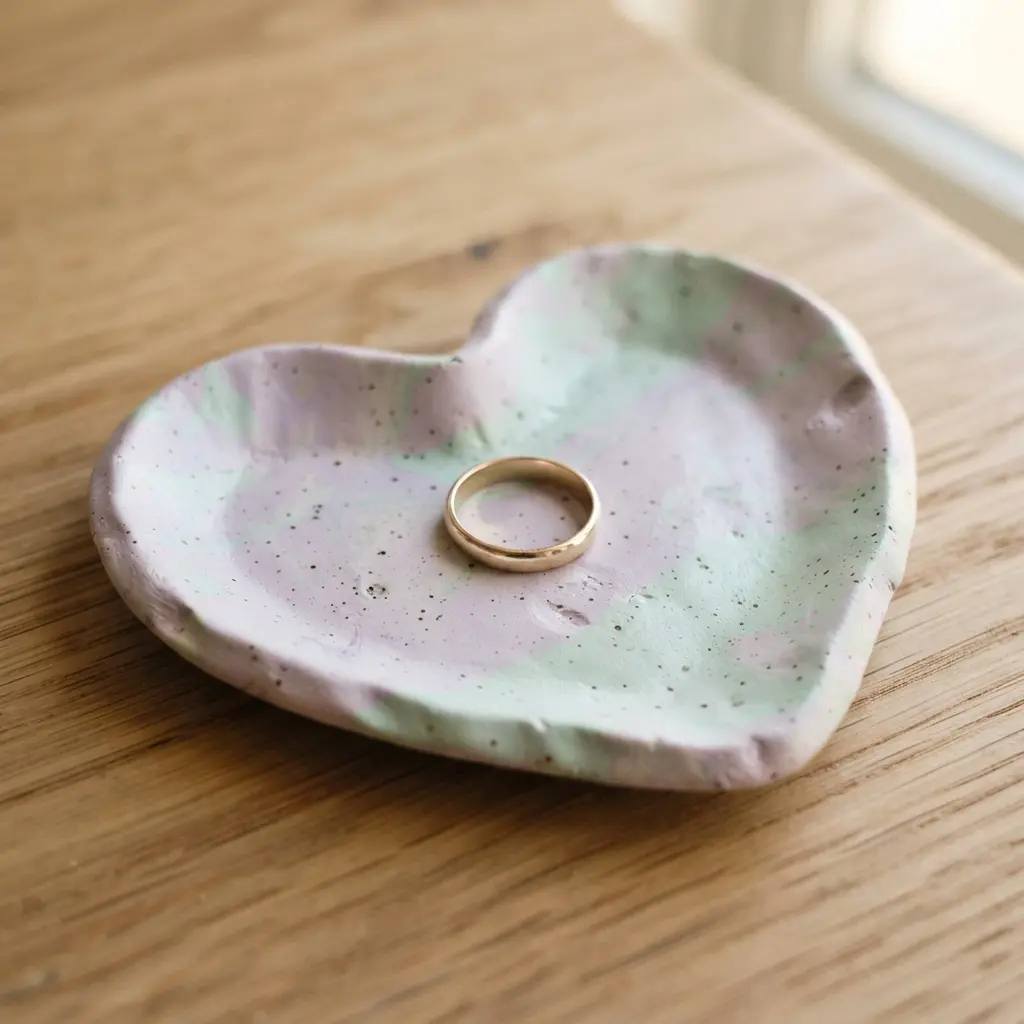 A light and airy heart-shaped ring dish with gentle marbling of pale lavender and mint green clay.
