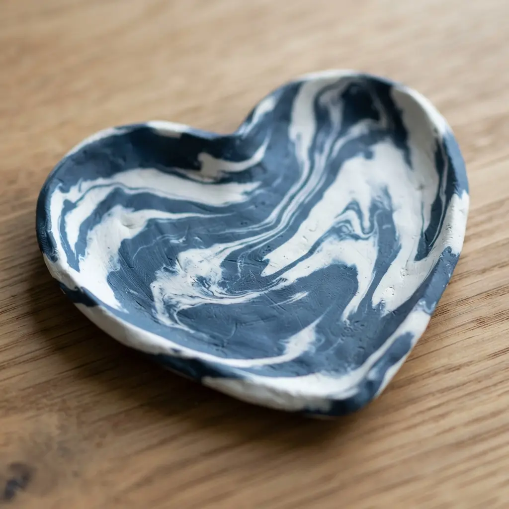 A dramatic heart dish with bold, swirling patterns of deep navy blue and crisp white air-dry clay.