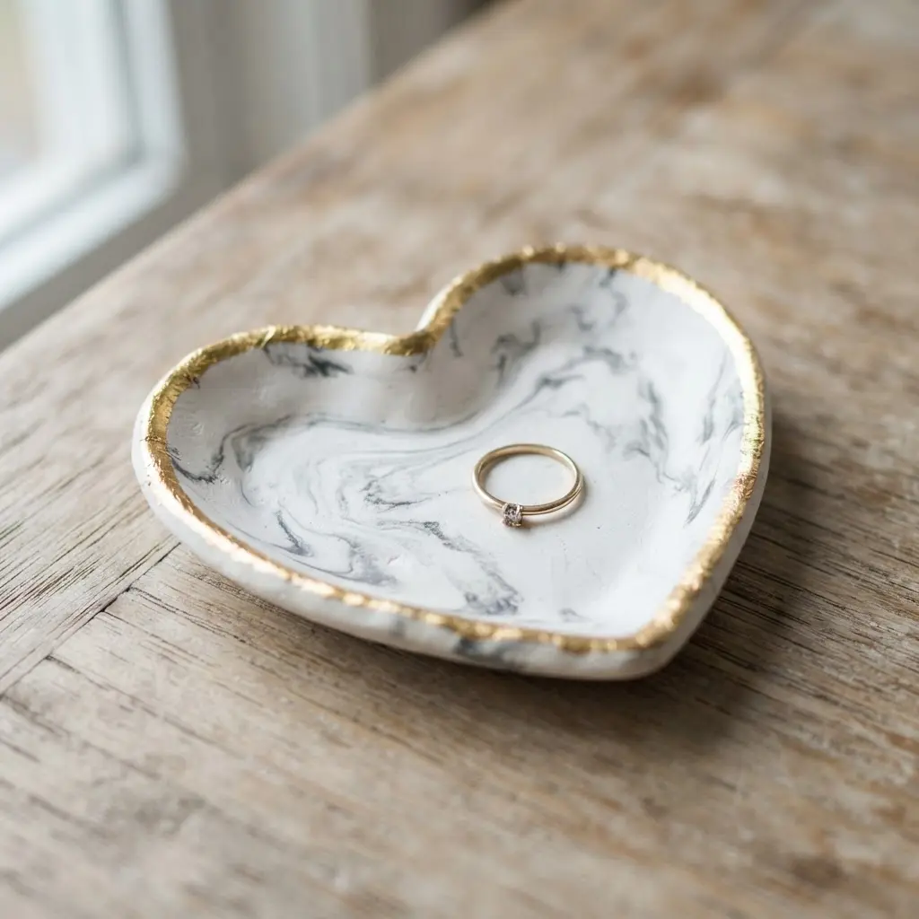 A sophisticated white marbled clay heart dish with a clean, polished surface and a delicate gold leaf edge.