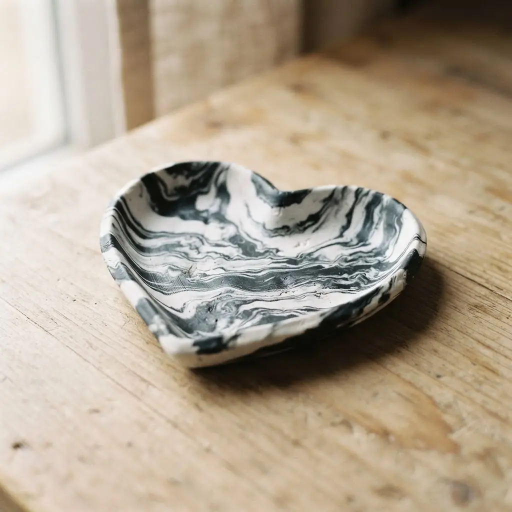 A modern monochrome heart dish with sharp, high-contrast marbling of black and white clay.