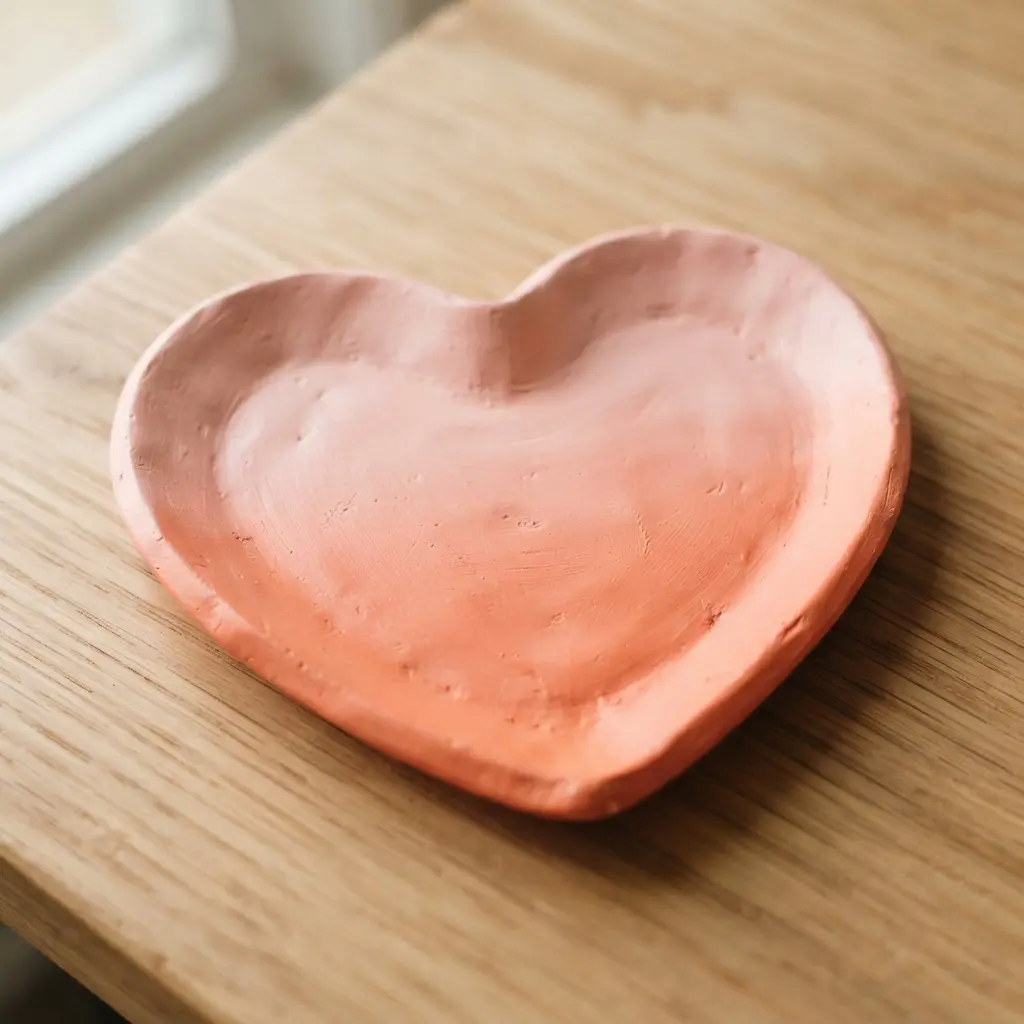 A vibrant heart-shaped dish featuring a smooth ombre gradient from soft pink to warm coral orange.
