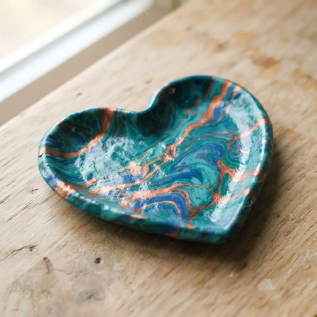A rich teal marbled clay heart dish with intricate, shimmering copper metallic veins running through the pattern.