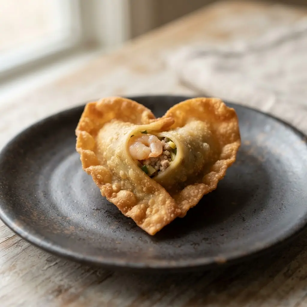 A close-up of a crispy, golden-brown heart-shaped wonton filled with ground pork and shrimp on a dark plate.