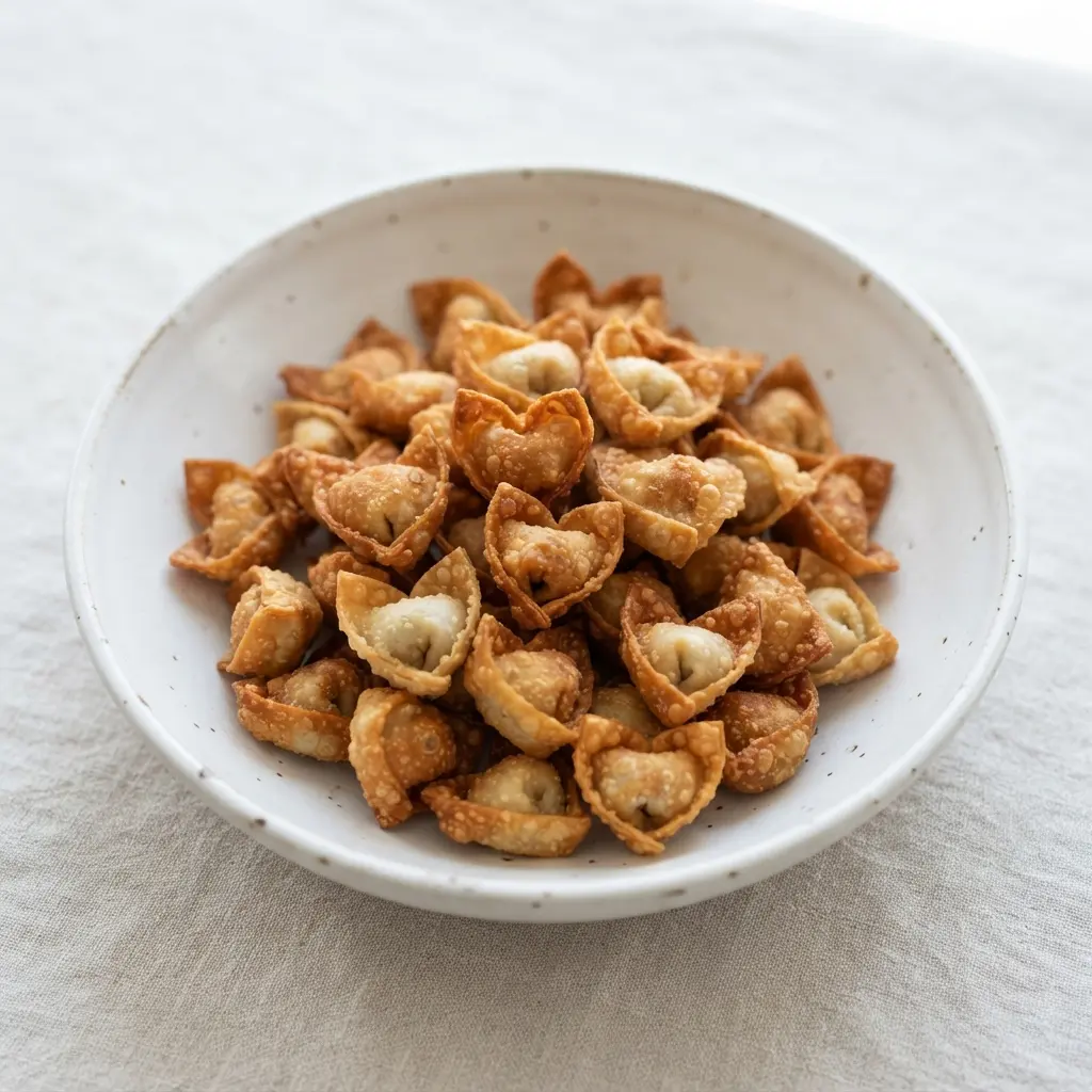 A small bowl filled with dozens of tiny, perfectly golden-brown heart-shaped wonton morsels, ready for snacking.