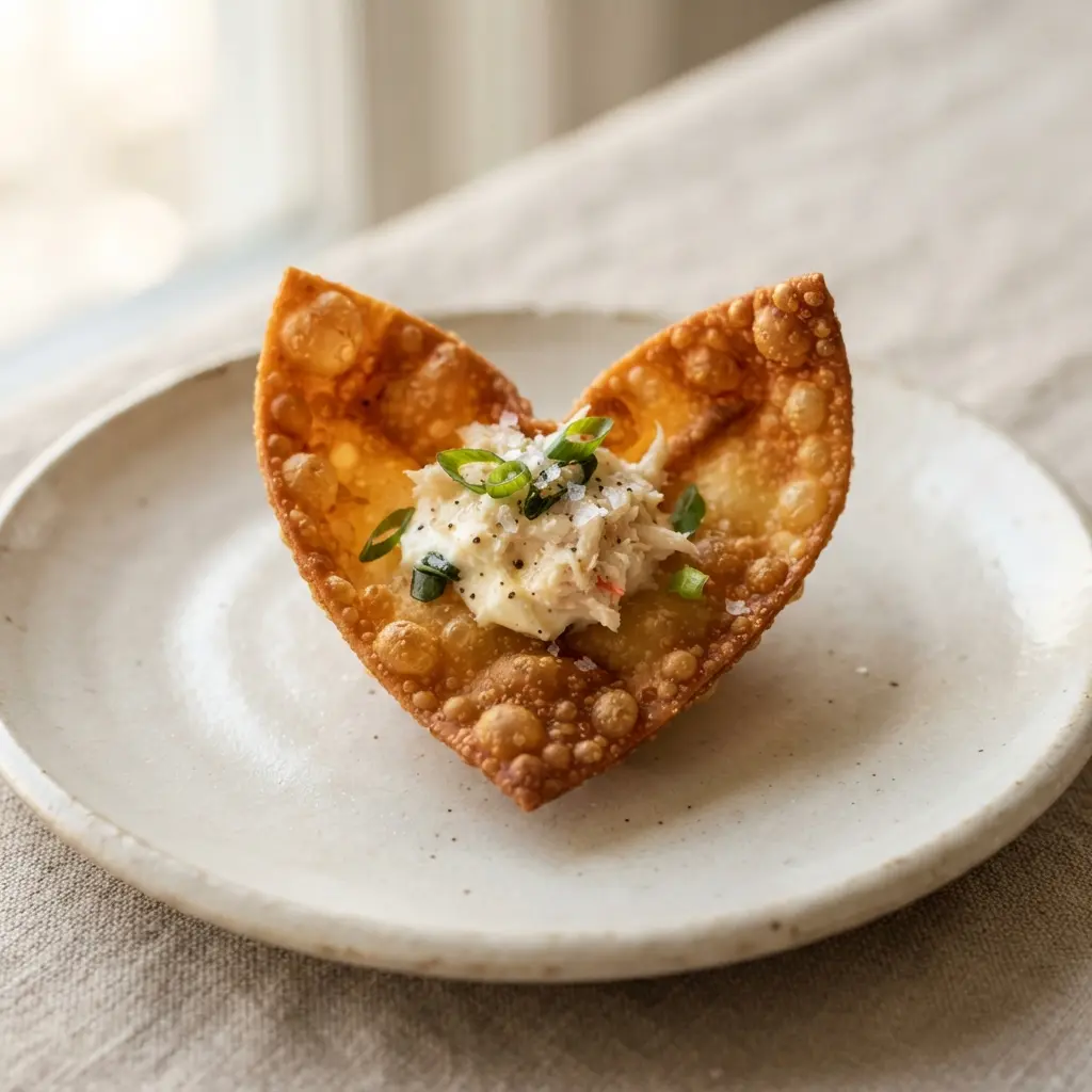 A perfectly folded heart-shaped wonton with a creamy crab and cheese filling, garnished with a green onion slice.