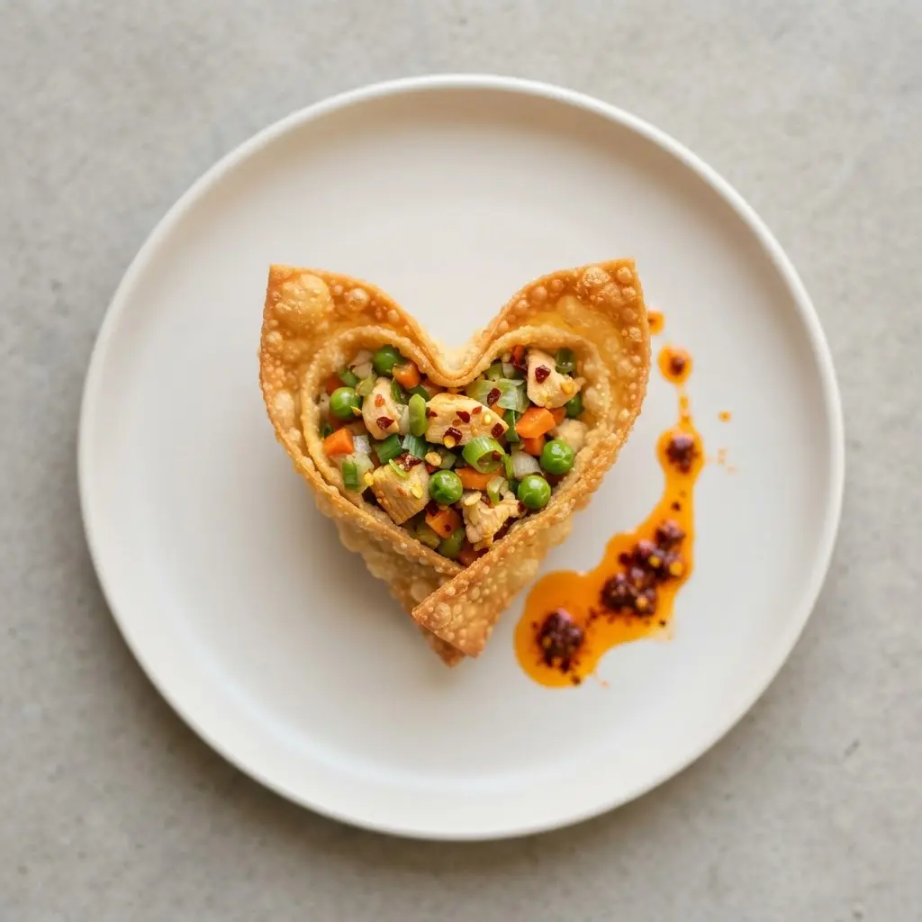A crispy heart-shaped wonton with a filling of diced chicken and colorful vegetables, served with a red chili sauce.