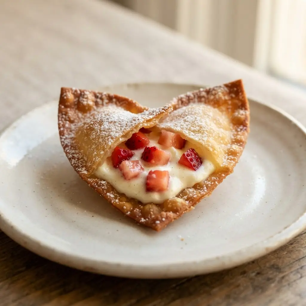 A lightly fried heart-shaped wonton filled with sweetened cream cheese and diced strawberries, dusted with powdered sugar.