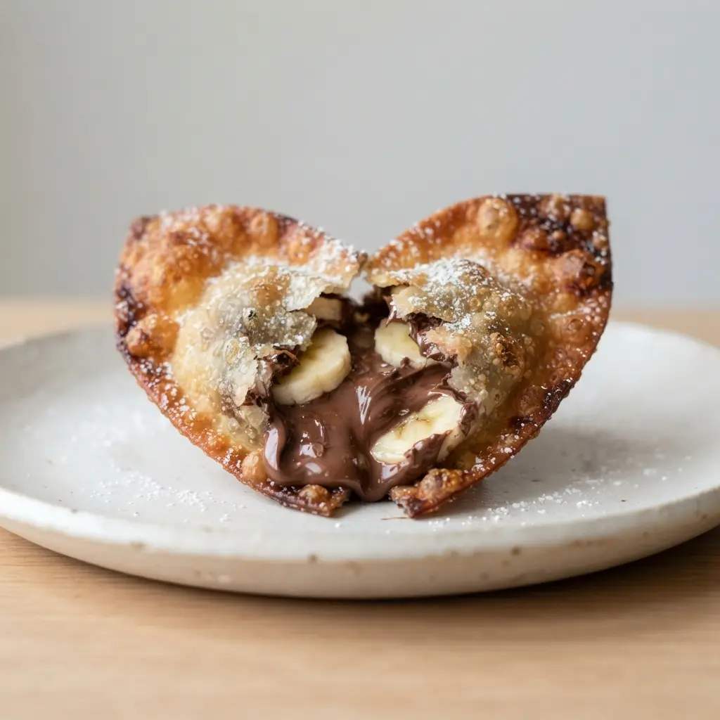 A golden-brown heart-shaped dessert wonton oozing with warm Nutella and sliced banana, placed on a small white plate.