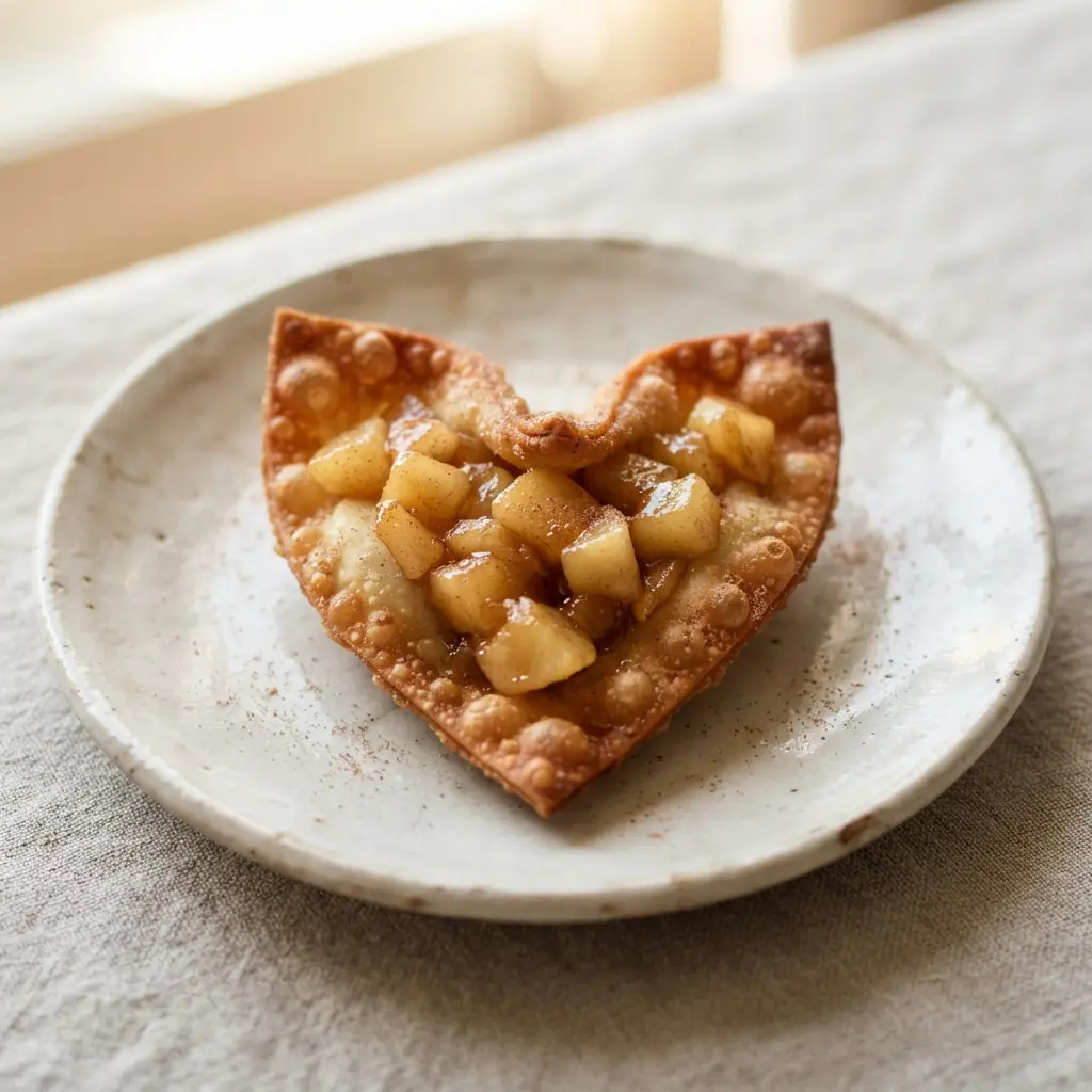 A crisp heart-shaped wonton filled with cinnamon-spiced apple pie filling, accompanied by a scoop of vanilla ice cream.