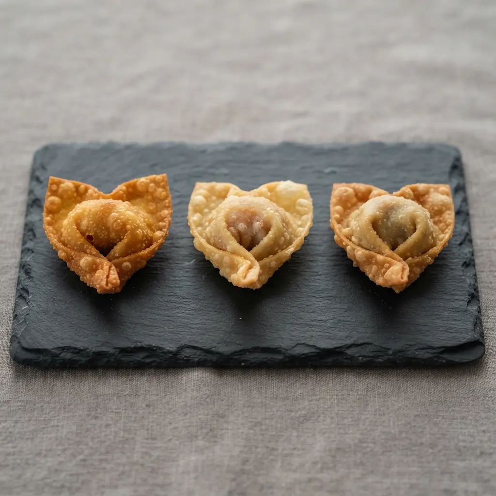 Three distinct golden heart-shaped wontons arranged together on a rectangular slate, each with a different colored filling visible at the seal.
