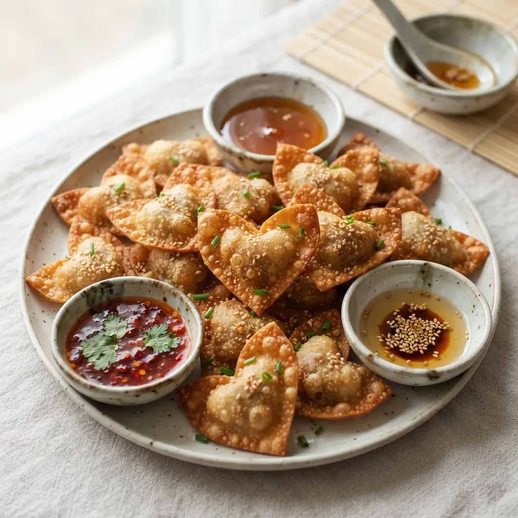 A wooden board holds a pile of crispy heart-shaped wontons surrounded by three small bowls of different colored dipping sauces.