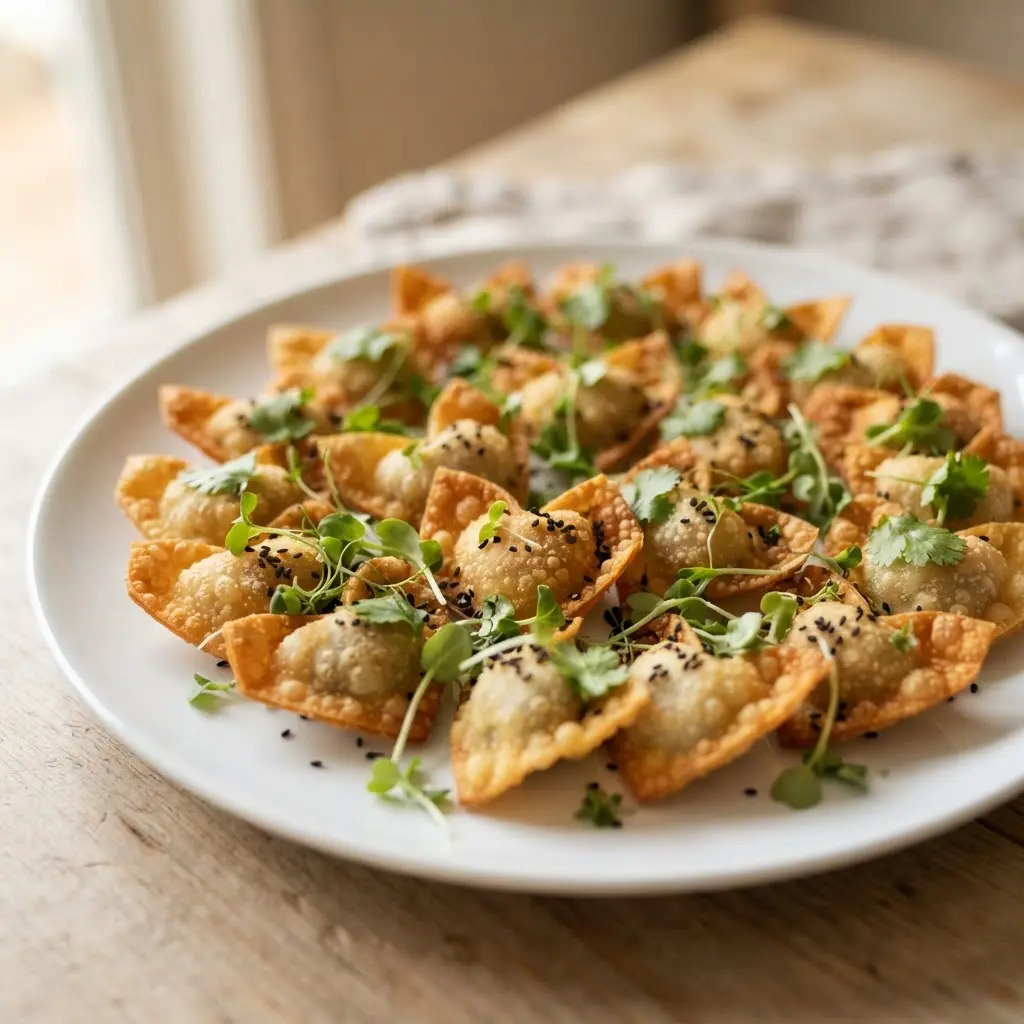 A circular white plate presents several golden heart-shaped wontons garnished with microgreens and black sesame seeds.