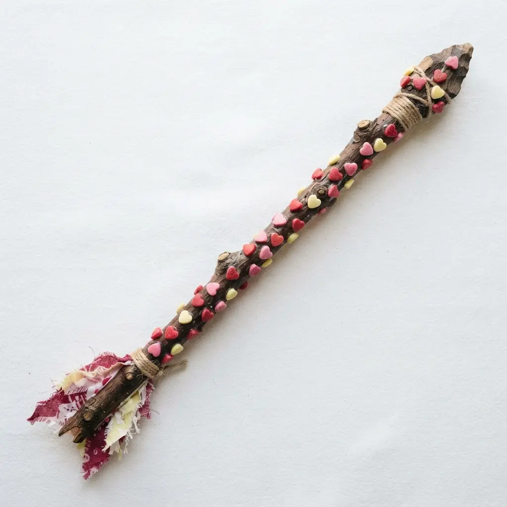 A rustic arrow made from a small, forked twig as the shaft, with red and pink candy hearts attached at the front and back.