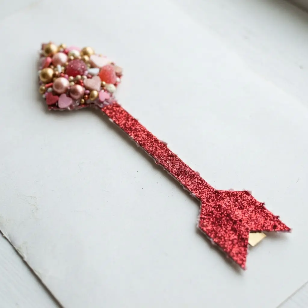 A vibrant red arrow cut from glitter cardstock, with a cluster of small candy hearts glued near the arrowhead.