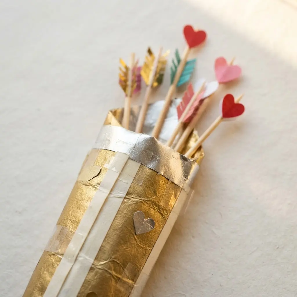 A small quiver or holder crafted from gold and silver metallic paper, filled with miniature candy-tipped arrows.