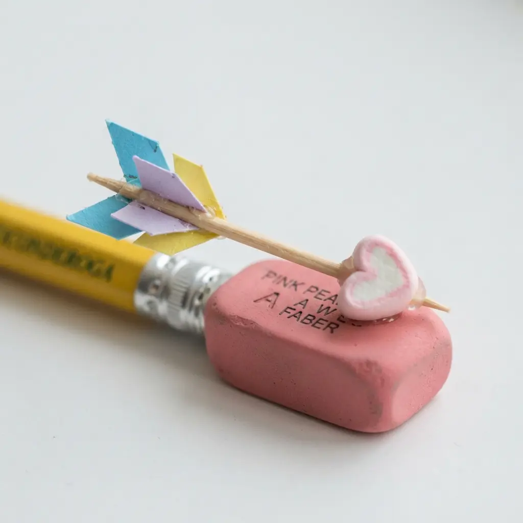 Three small arrows with candy heart tips and paper fletching, each sitting on the eraser end of a colored pencil.