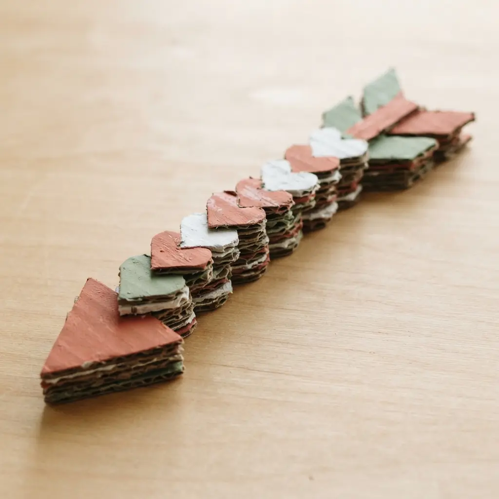 A sturdy arrow shape created by gluing layers of cut cardboard hearts together, painted in Valentine colors.