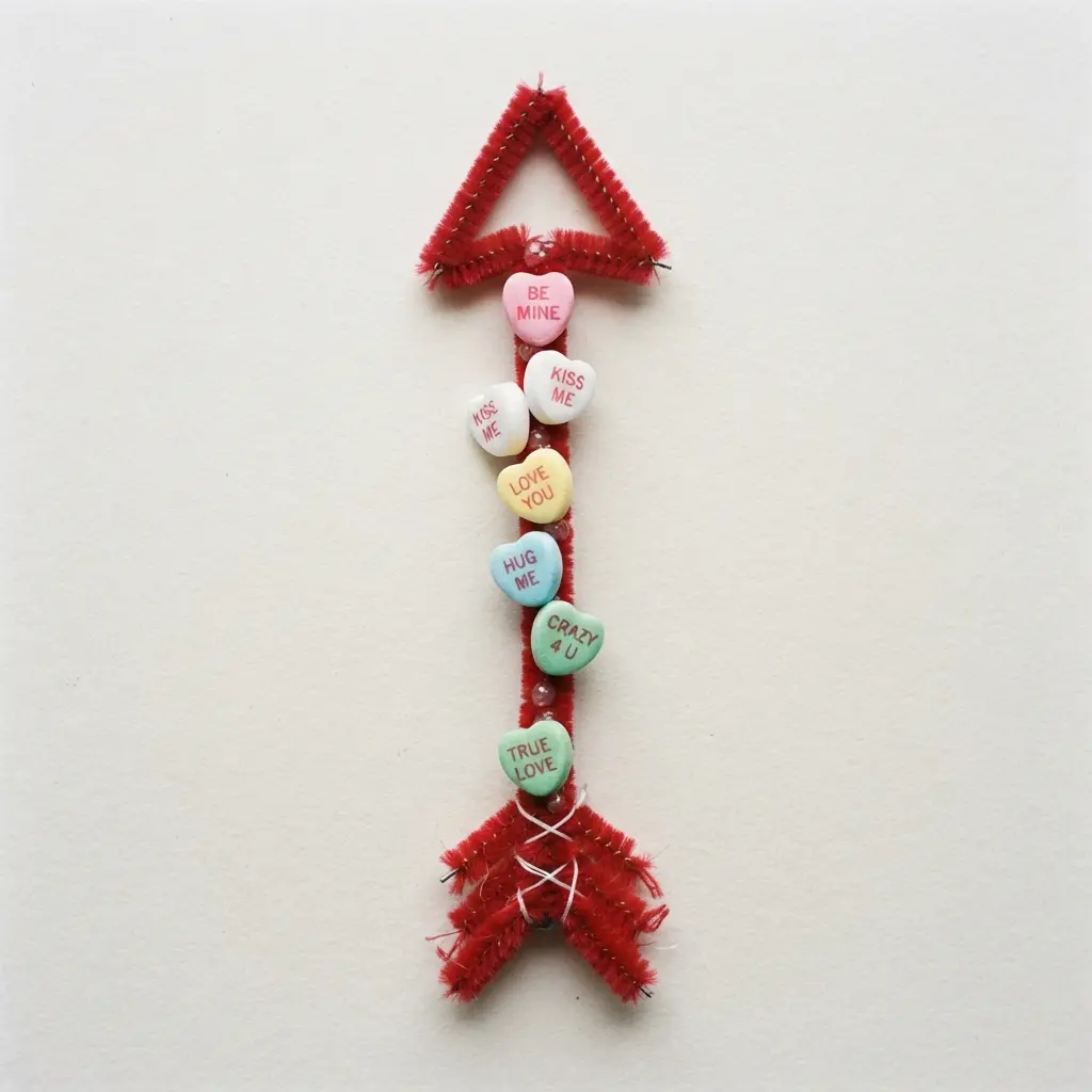 A flexible arrow formed from red and white pipe cleaners, with small candy hearts attached as the fletching.
