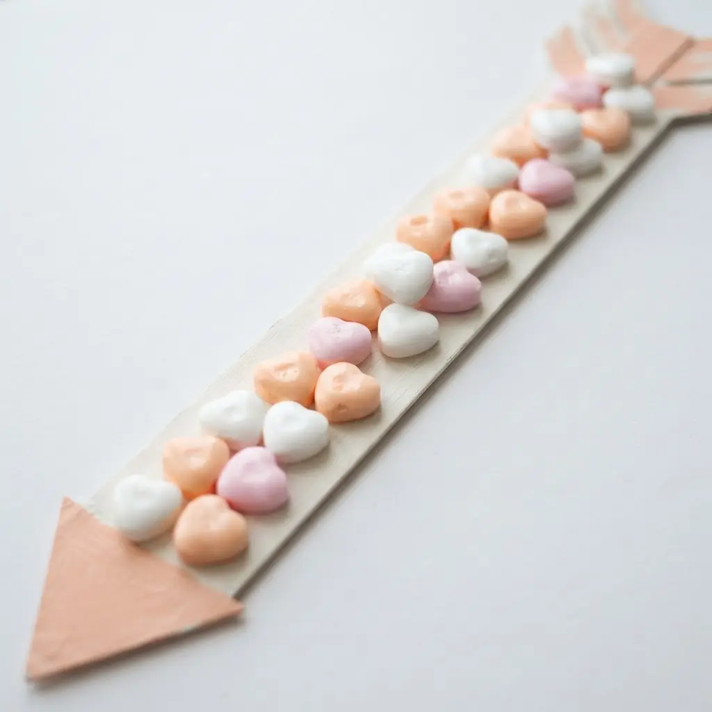 A decorative paper arrow with conversation hearts that have short handwritten messages like 'Be Mine' glued along its length.