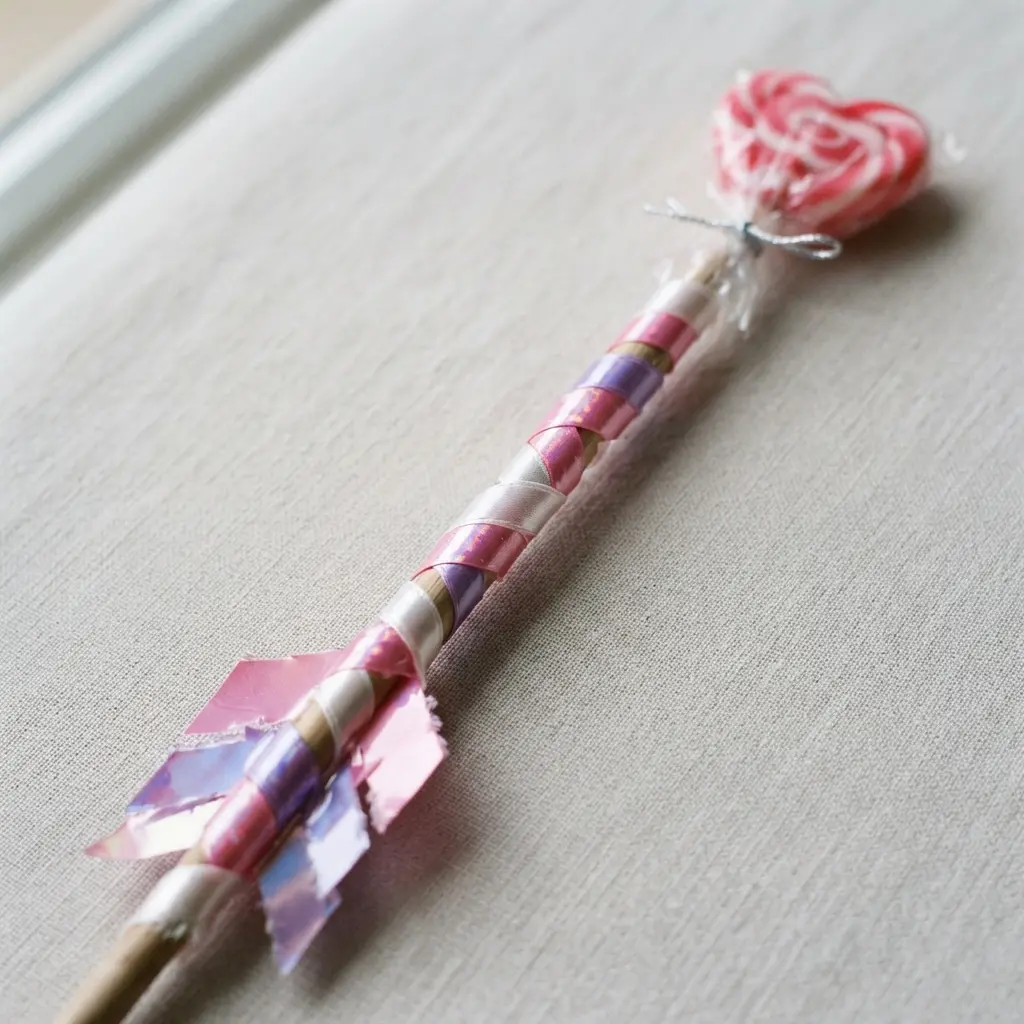 A long, wand-like arrow made from a dowel wrapped in iridescent ribbon, with a large candy heart secured at the tip.