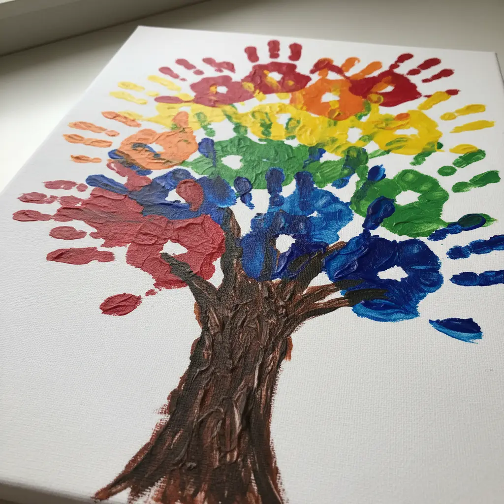 A child's vibrant rainbow handprints form a tree on a canvas with splattered paint background.
