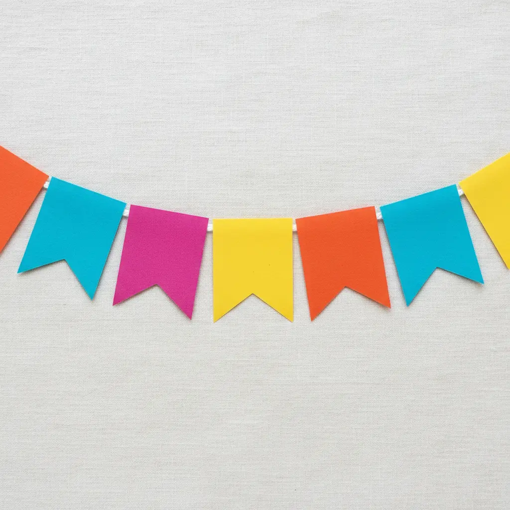 A string of triangular and square paper flags in solid Holi colors hanging against a light wall.