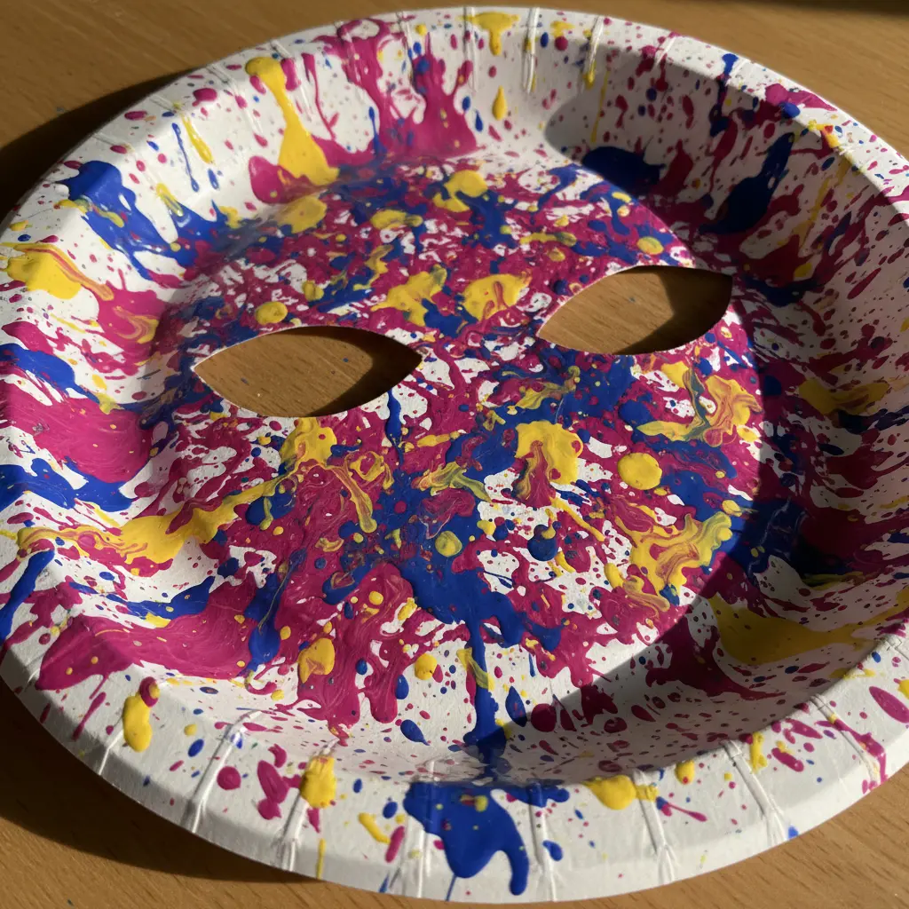 A paper plate mask with eye holes cut out and vibrant splatters of pink, blue, and yellow paint covering it.