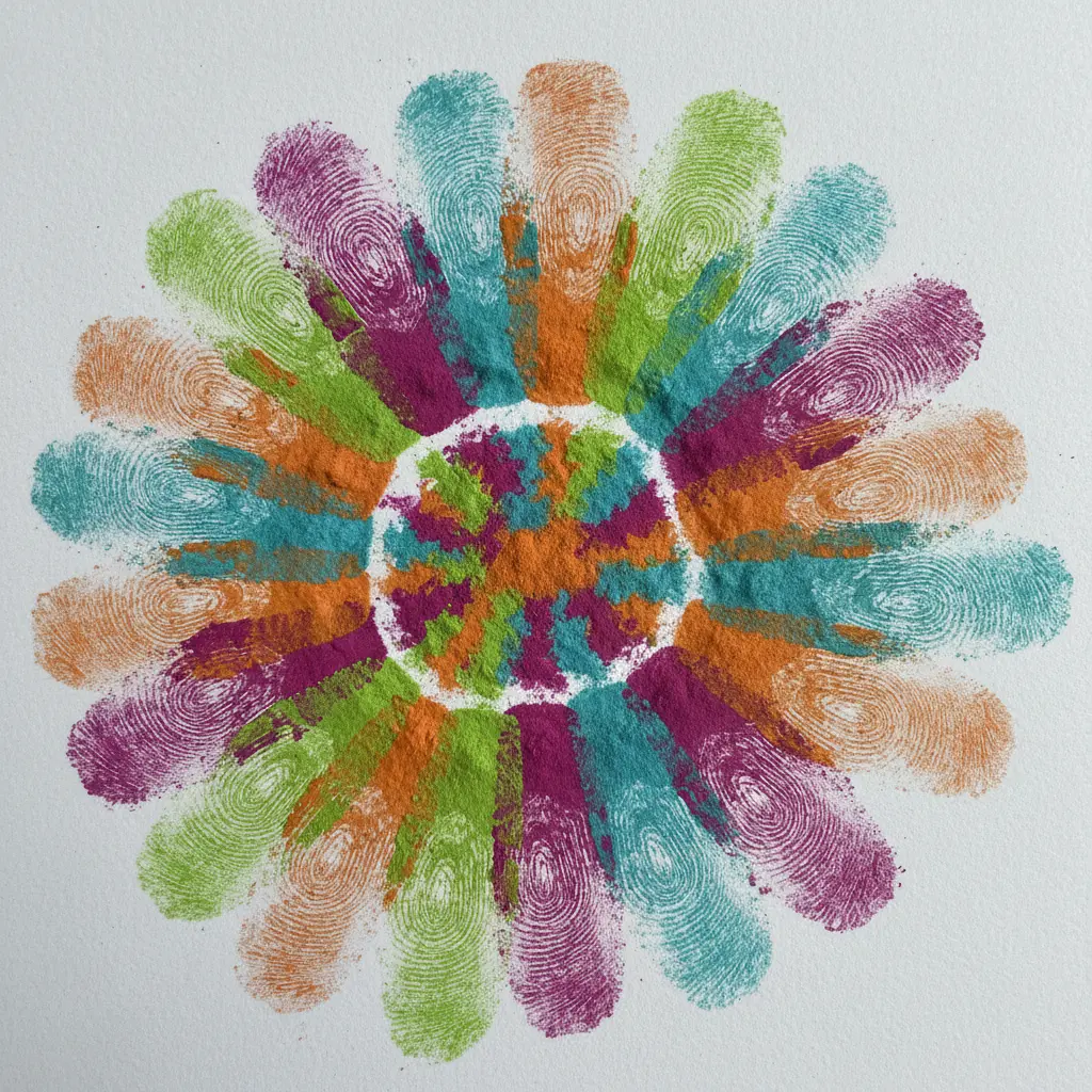 A homemade card covered in multicolor fingerprints arranged to mimic an explosive powder burst.