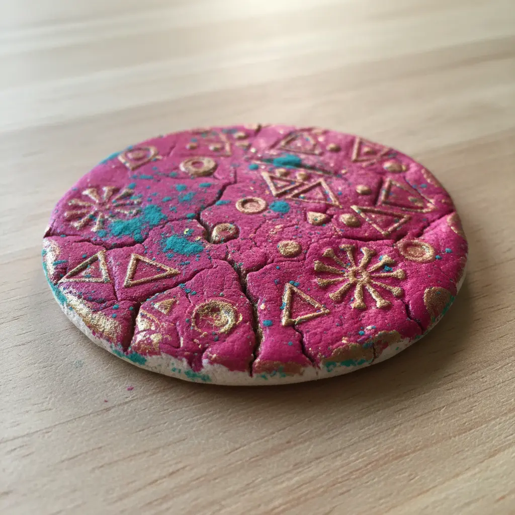 A round salt dough ornament painted in bright colors with textured floral and geometric imprints.