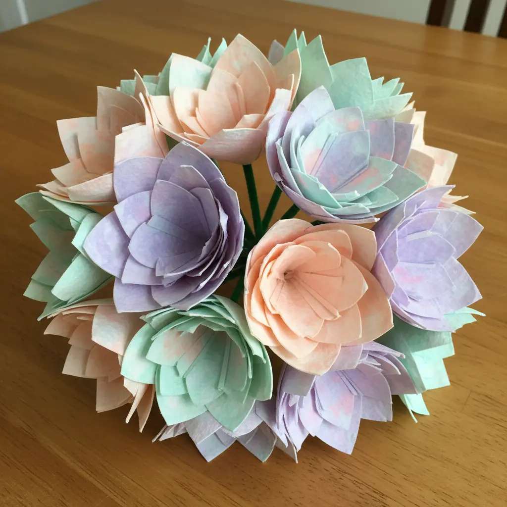 Several coffee filter flowers with pastel tie dye patterns attached to green pipe cleaner stems.