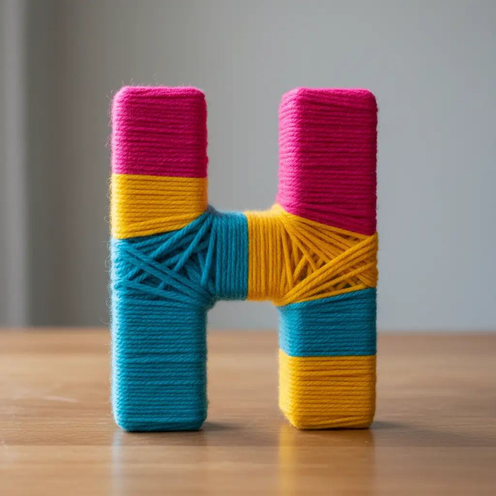 A large cardboard letter fully wrapped with thick yarn in alternating pink, yellow, and blue.