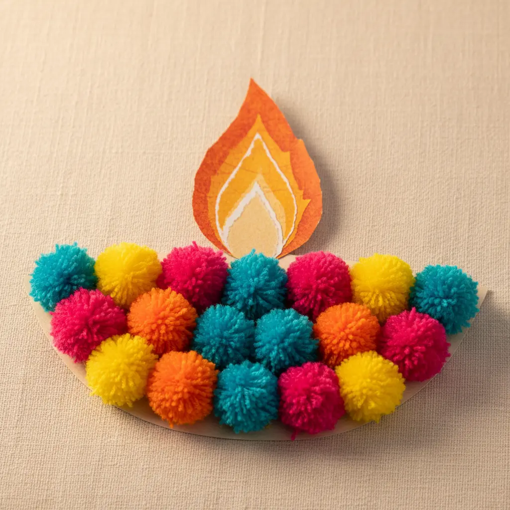 A collage of colorful pom poms arranged into a glowing diya shape with a torn paper flame.